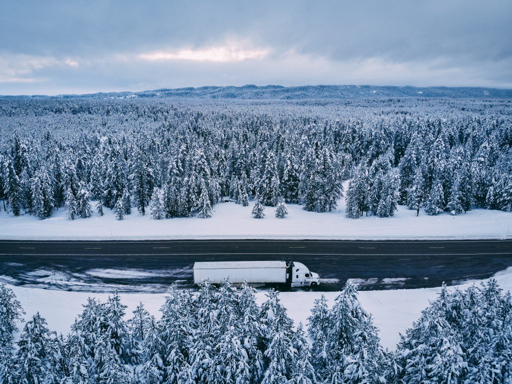 Island Park Idaho winter truck drone shot